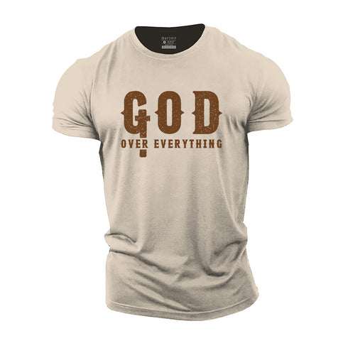 Beige t-shirt with 'GOD OVER EVERYTHING' text on a white background